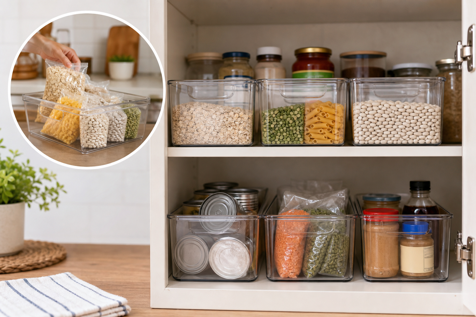 2. Use Clear Bins to Group Pantry Items — small kitchen storage ideas on a budget